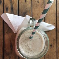 Peanut butter banana smoothie with soy milk.  at Mark's Cafe in Varanasi