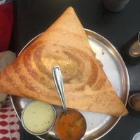 Mysore masala dosa with sambar (red sauce) and coconut chutney (white sauce) at Hotel Shanthi Sagar in Udupi