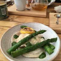 Ricotta and Pea Ravioli with Asparagus Spears. at Jaunty Goat Coffee - Northgate St in Chester