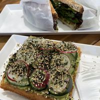 Avocado waffle toast and t-blat sandwich. We also got the bagel sandwich   at BESTIES Vegan Paradise - Hollywood in Hollywood