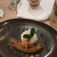 Lime ice cream & baked banana | Chocolate ice cream & rhubarb cream  at Stem & Glory in London