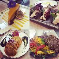 Kimchi pancakes, hummus platter, blue corn tacos and mango cheesecake. Mmmmmm at Stem & Glory in London