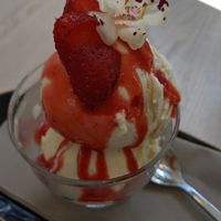 vegan vanilla ice cream with strawberry coulis at Stem & Glory in London