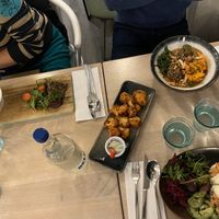 Lasagna, Cauliflower wings, Swedish Meatballs, Asian bun jackfruit burger at Stem & Glory in London