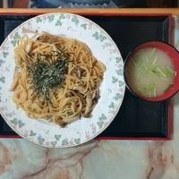 Mushroom Pasta with miso soup at K Kitchen Green in Myoko