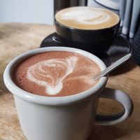 Hot chocolate and cappuccino, both with oat milk at Veg room in Berlin
