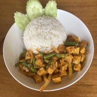 Rice topped penang curry and tofu (GF)  at Yawee in Koh Lanta
