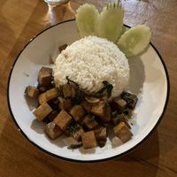 Rice topped stir fried basil leaves and tofu (GF)  at Yawee in Koh Lanta