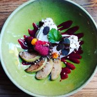 Cashew cream with berry sauce and fruits at Rataskaevu 16 in Tallinn