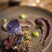 Mushroom tartar, black bean cream, red onion and fig jam, rocket leaves at Rataskaevu 16 in Tallinn