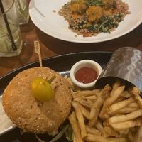 Super flavorful Moroccan impossible meatballs, vegan southwest burger, cucumber gin and tonic at CRAVE in Minneapolis