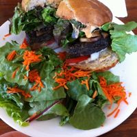 Blackbean-Quinoa Burger with side salad (no dressing) at Wildflower Cafe and Bakery in Arcata