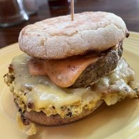 Egg muffin sandwich with tofu sausage   at Wildflower Cafe and Bakery in Arcata