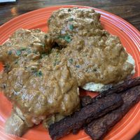 Biscuits gravy with country gravy and tempeh bacon  at Wildflower Cafe and Bakery in Arcata