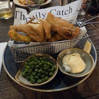 Vegan battered banana blossom, chips and peas at Racks in Bristol
