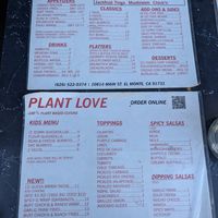 Menu at Plant Love Food in El Monte