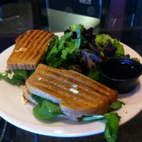 vegan chicken spinach & artichoke panini.  dip it in the balsamic vinegar from your side salad for extra flavour! at Red Velvet Cafe - Sahara in Las Vegas