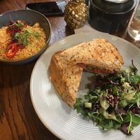 Yummy toasted vegan sandwich with falafel, roasted veggies and hummus, side salad and sun-dried tomato couscous 😋 at The Emporium in Yeovil