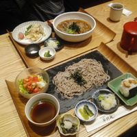 Soba, salad, pickles, wild vegetables and soy onigiri.  at Tateshinaan in Tokyo