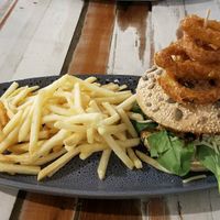 The Green Park Burger with onion rings & fries ~ Gooood! at Munch in Palmerston North