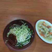 Noodles and veg. I added the hot suace. at Jiā Hé SùShí Fāng 家禾素食方 in New Taipei City