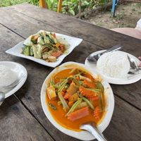 vegetable cashew stirfry and massaman curry. so much better than it looks  at Hilltop in Koh Muk