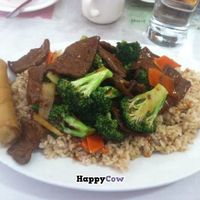 Spicy beef with broccoli, spring roll, and brown rice.  at Long Life Veggie House in Berkeley