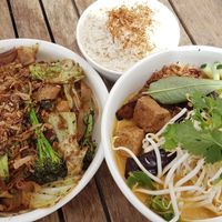 Vegan stir fry noodle & laksa with coconut rice at Madam Woo in Hamilton
