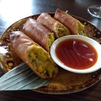 Corn & coconut spring rolls (vegan) at Madam Woo in Hamilton