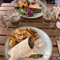 Croquet with goat cheese and zucchini (top) and wrap with avocado and chips (bottom)  at Cabane  in Lisbon