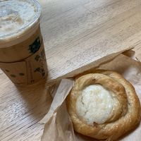 Nitro latte with oatmilk, vegan cream cheese galette from Split Vegan Bakehouse  at Bird Rock Coffee Roasters in San Diego