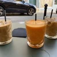 Mister C and iced coffee with oat milk (and beautiful glassware!)   at Caffè Berry in Sliema