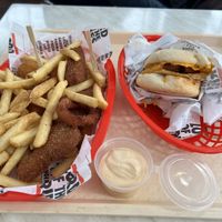 Egg and patty muffin, sampler munchbox, Vietnamese sauce  at Lord of the Fries - King St in Melbourne