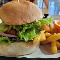 Chickpea burger close up at The Mossy Forest Cafe in Tanah Rata