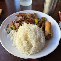 Garlic eggplants, white rice and spring roll  at Kung Food in San Francisco