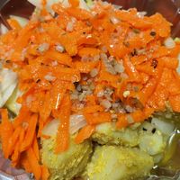 Italian potato salad before I poured off the dressing and removed the onions    at Vegan Community Kitchen in Apex