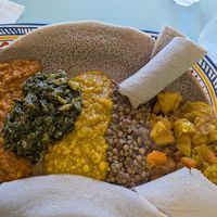 Ethiopian sampler platter with Injera at Vegan Community Kitchen in Apex