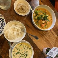Our meal— panang curry with brown rice and the coconut soup with a side of noodles   at Coco Thai Bistro in Narberth
