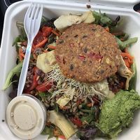 Vegetarian Salad with no feta and vegan veggie burger (all vegan, even the pesto). Great! at Maia Papaya in Bethlehem