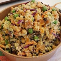 Custom salad with quinoa, chickpeas, green peas, lentils, sweet potato, and some other vegetables. at Mr. Green in Jerusalem