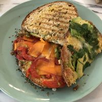 Vegan cheese toast with veggies, avocado, mustard,... yummm!!! at Veg & Tal in Sines