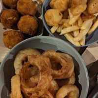 Mac n Cheese Bites $16.00, Onion Rings $12.00, Cauliflower Nuggets $12.00 - all delicious at The Carringbush Hotel in Abbotsford