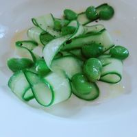 Fresh fava beans with cucumber slices at Turfanda in Ayvalik