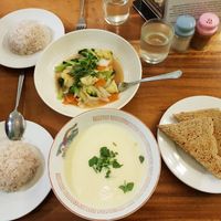 Potato soup and stir-fried veg w/ rice at Tevy's Place in Siem Reap