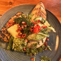 Glazed miso aubergine with pak shoy, broccoli and rice.  at Waterfront in Plymouth