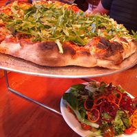 Vegan choice, mixed greens and the vegan pizza at Hand Fire Pizza in Jackson
