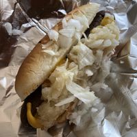 Tofurkey sausage with sauerkraut and onion and mustard   at Pip's Dock Street Dogs in Annapolis