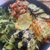 Mediterranean Salad with Smoked Tofu and Hummus  at Balance Cafe in Portimao