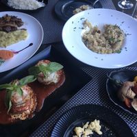 Seitan and mashed potatoes, risotto, zucchini cheese starter and grilled veggie side at Integra in Constanta
