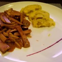 Seitan with mushrooms and masheds potatoes at Integra in Constanta
